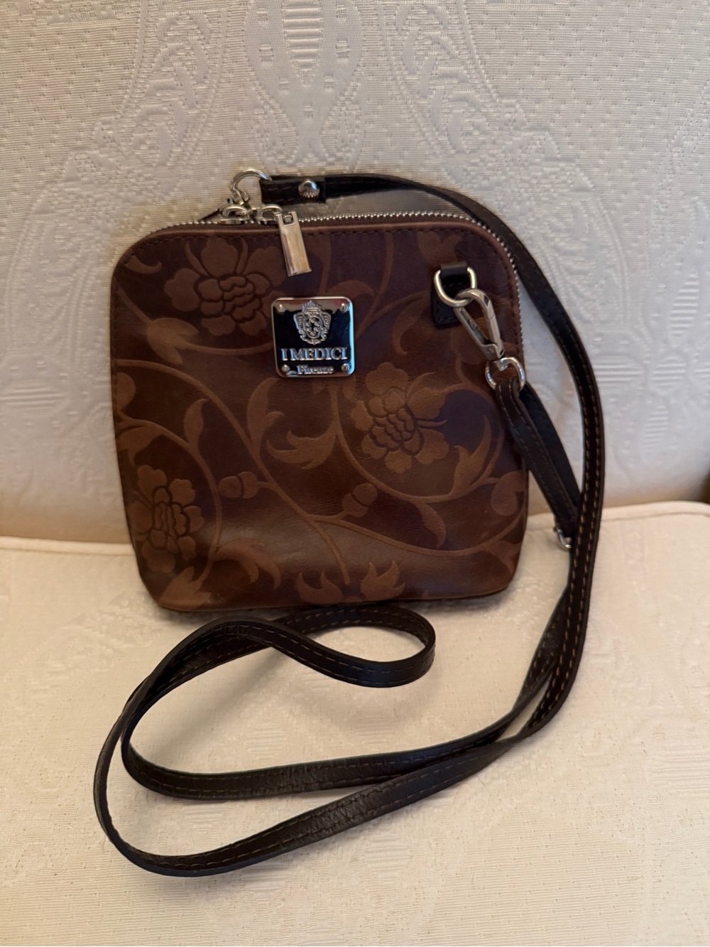 I Medici Firenze Brown Leather Floral Crossbody Bag